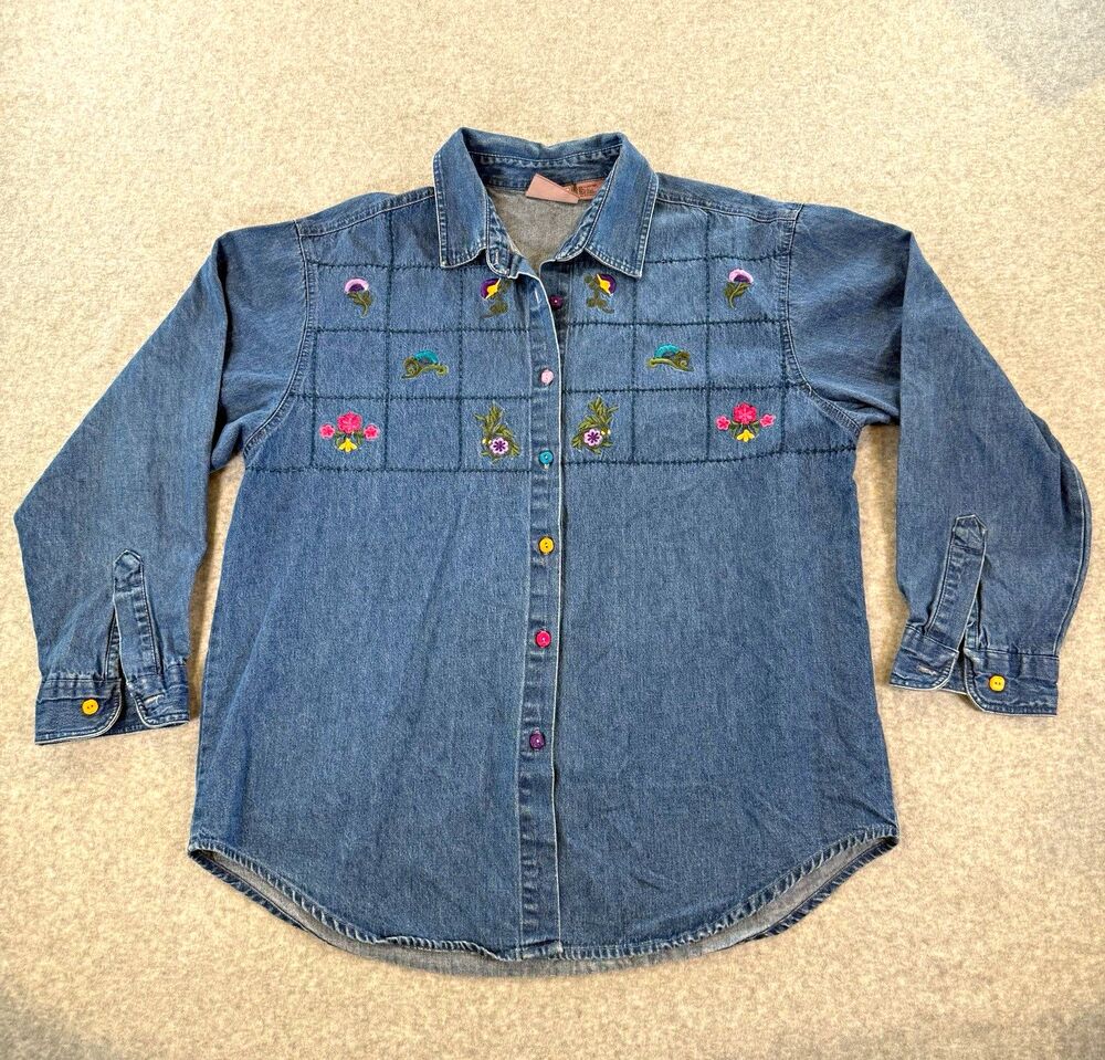 VTG 90s Denim Shirt Embroidered Flowers 100% Cotton L Cottage Grandma Cute Folk